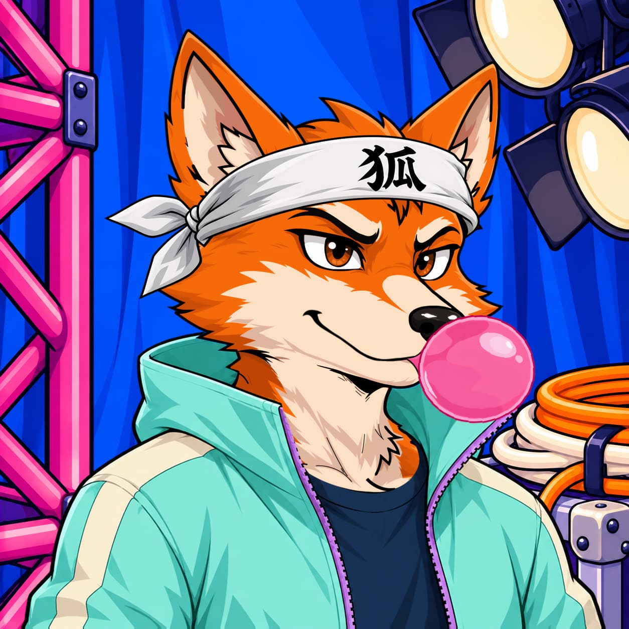 Orange fox wearing a white headband and mint track jacket, blowing a pink bubblegum bubble backstage.