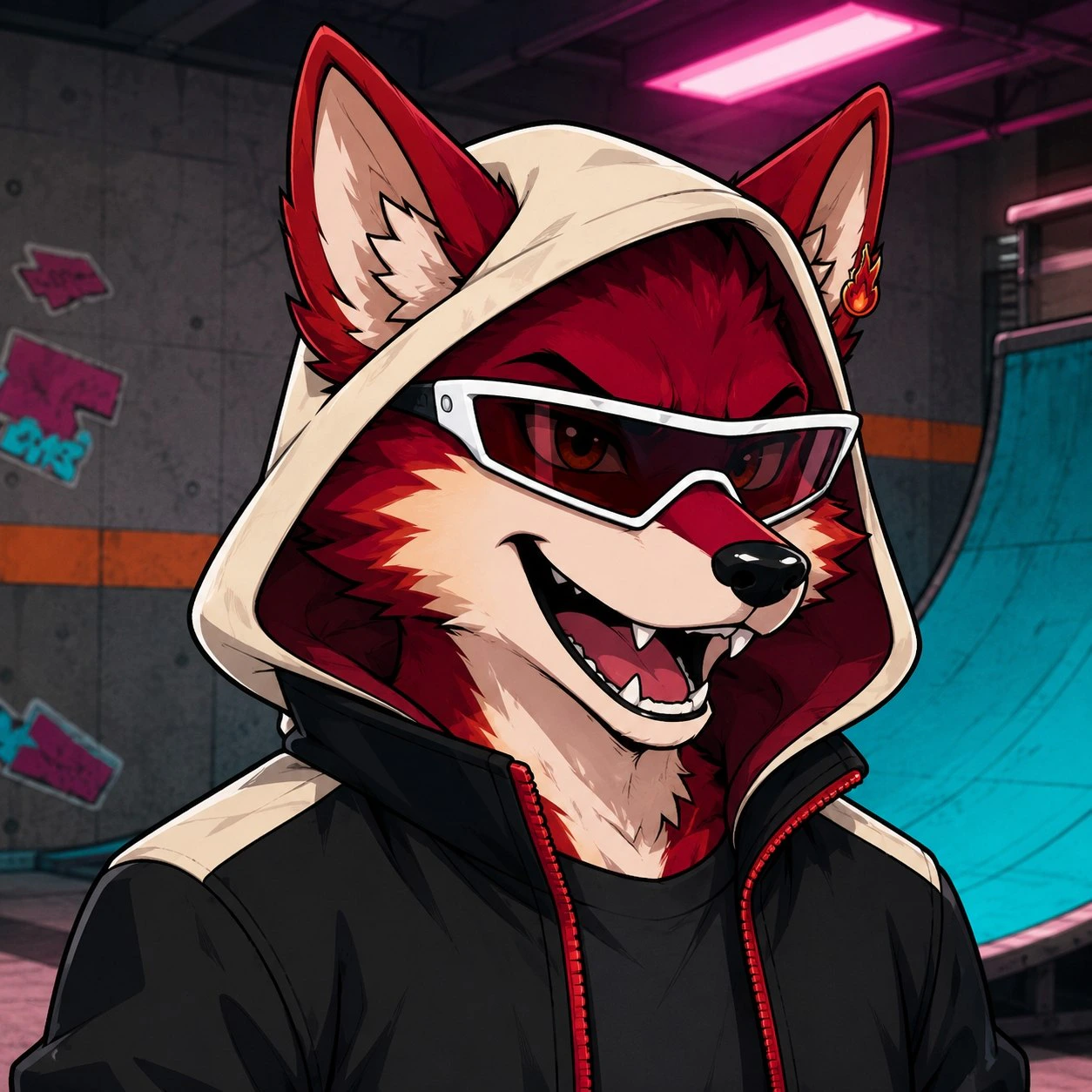 Illustrated red fox wearing a white hood, white visor and black jacket in an indoor skate space.