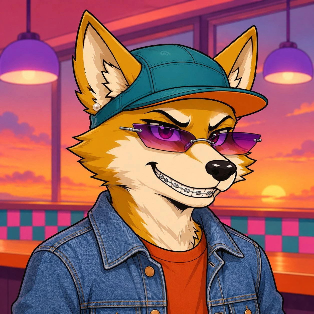 Illustrated gold fox wearing a teal cap, purple eyewear and a denim jacket at sunset.