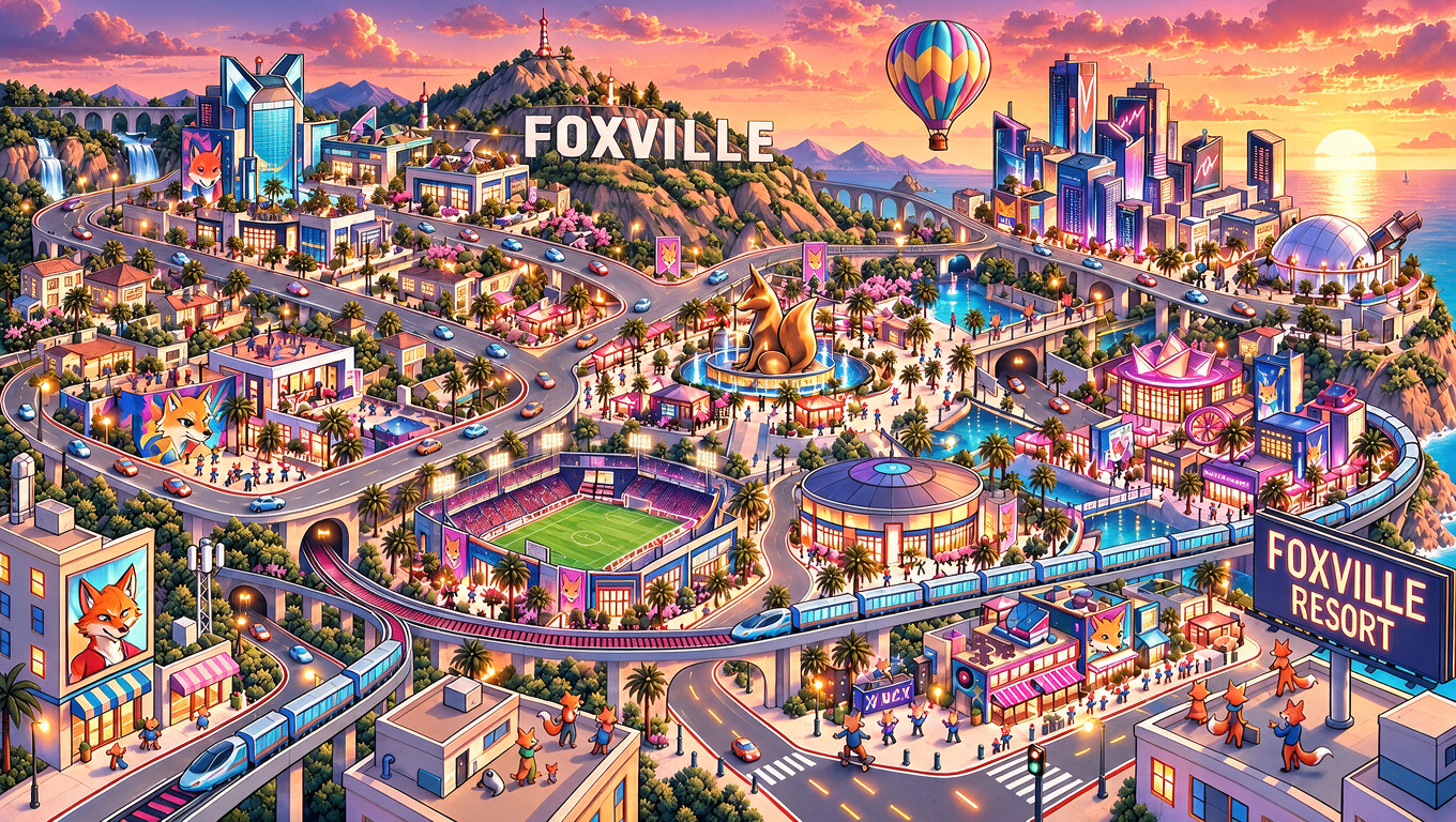 Foxville at sunset: a hillside FOXVILLE sign, hot-air balloon, fox residents, connected streets and elevated trains, a central fox fountain, AI towers, a stadium, an arena and waterfront shops.