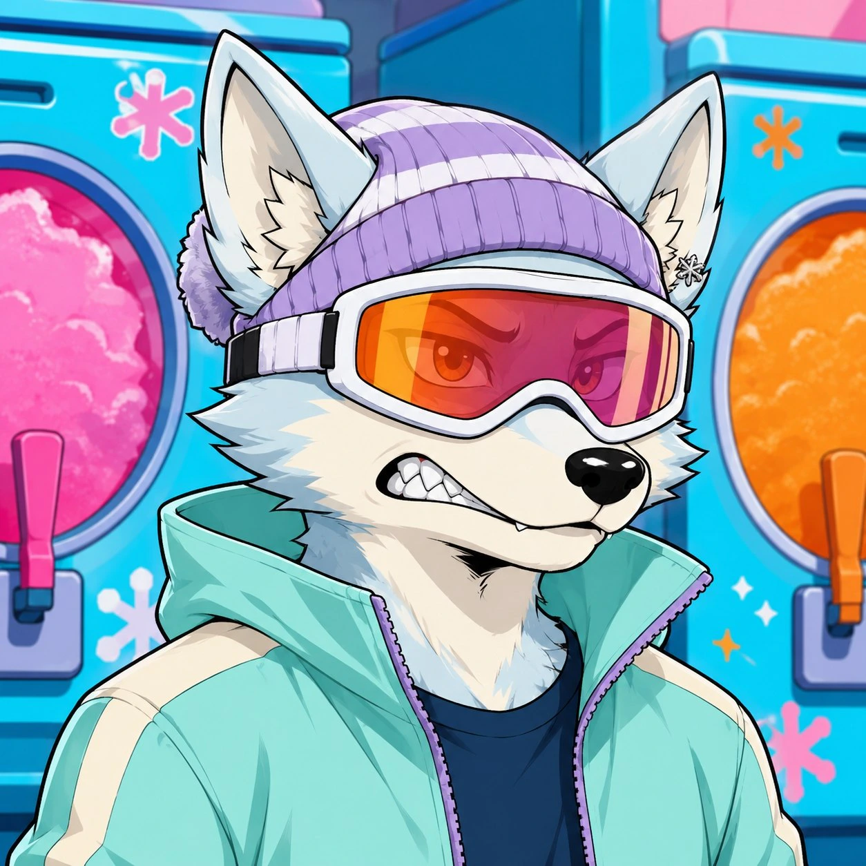 Illustrated pale fox wearing a lavender beanie, orange snow visor and mint jacket in a laundromat.