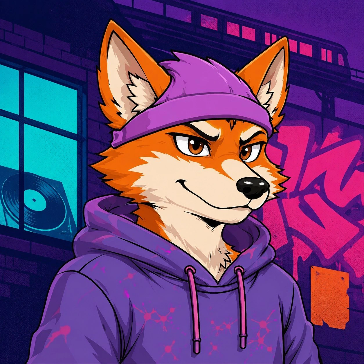 Illustrated orange fox wearing a purple headband and hoodie against a graffiti wall with a record window.